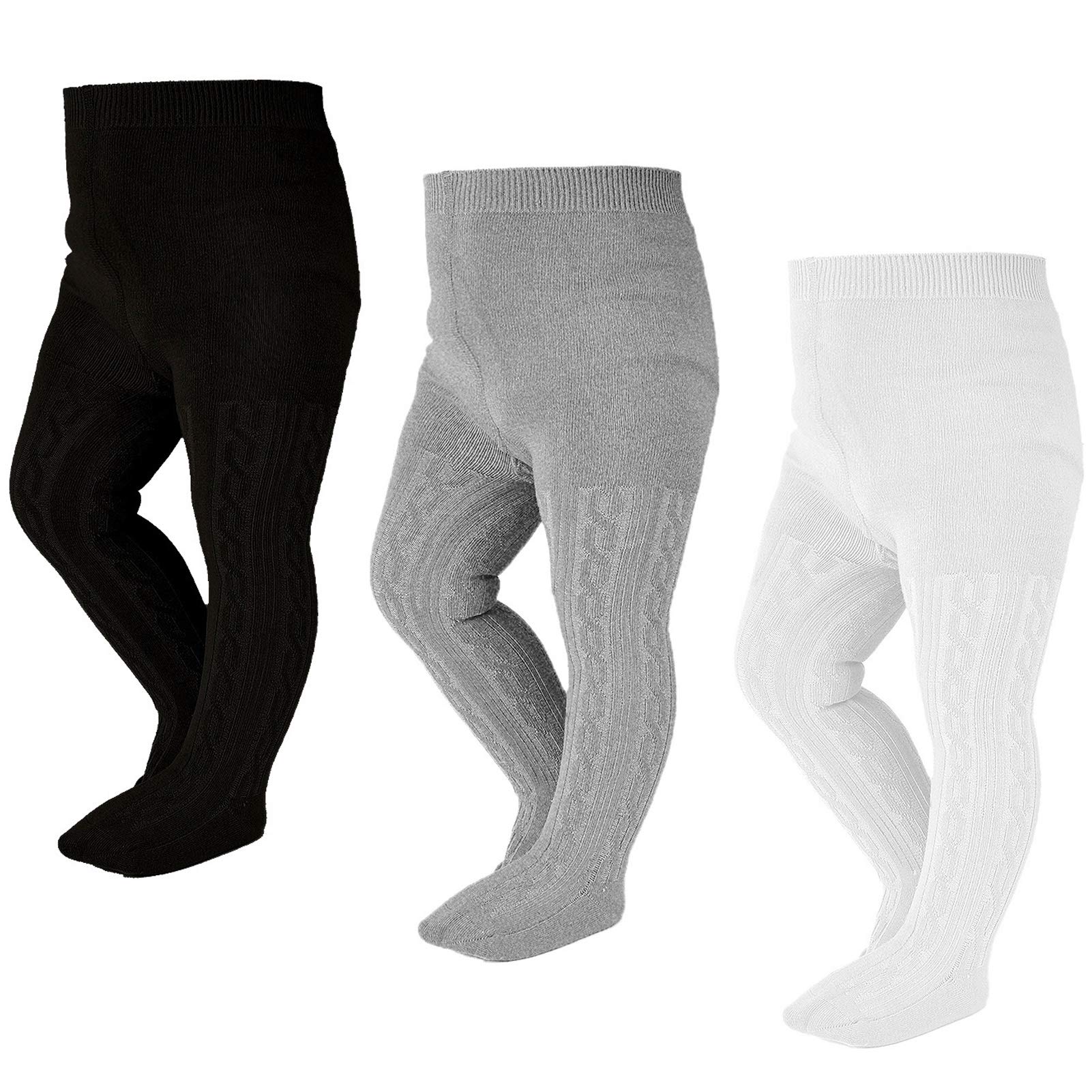 Epeius Infant Girl Thick Seamless Cable Knit Tights - Pack Of 3, Black/White/Grey, 6-12 Months