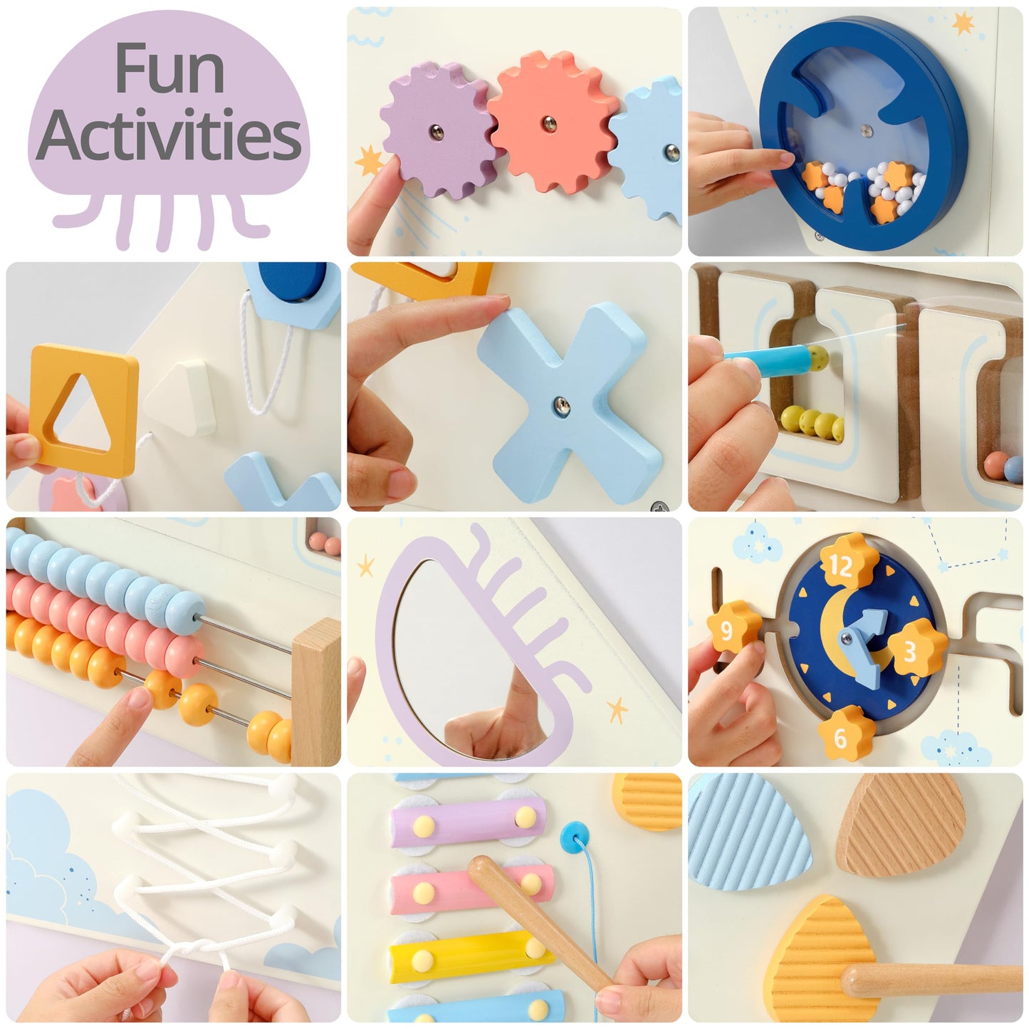 Pillowhale Tangram Activity Wall Busy Board Panels, 12-in-1 Learning Activity Center, Wooden Montessori Sensory Toys for Toddler