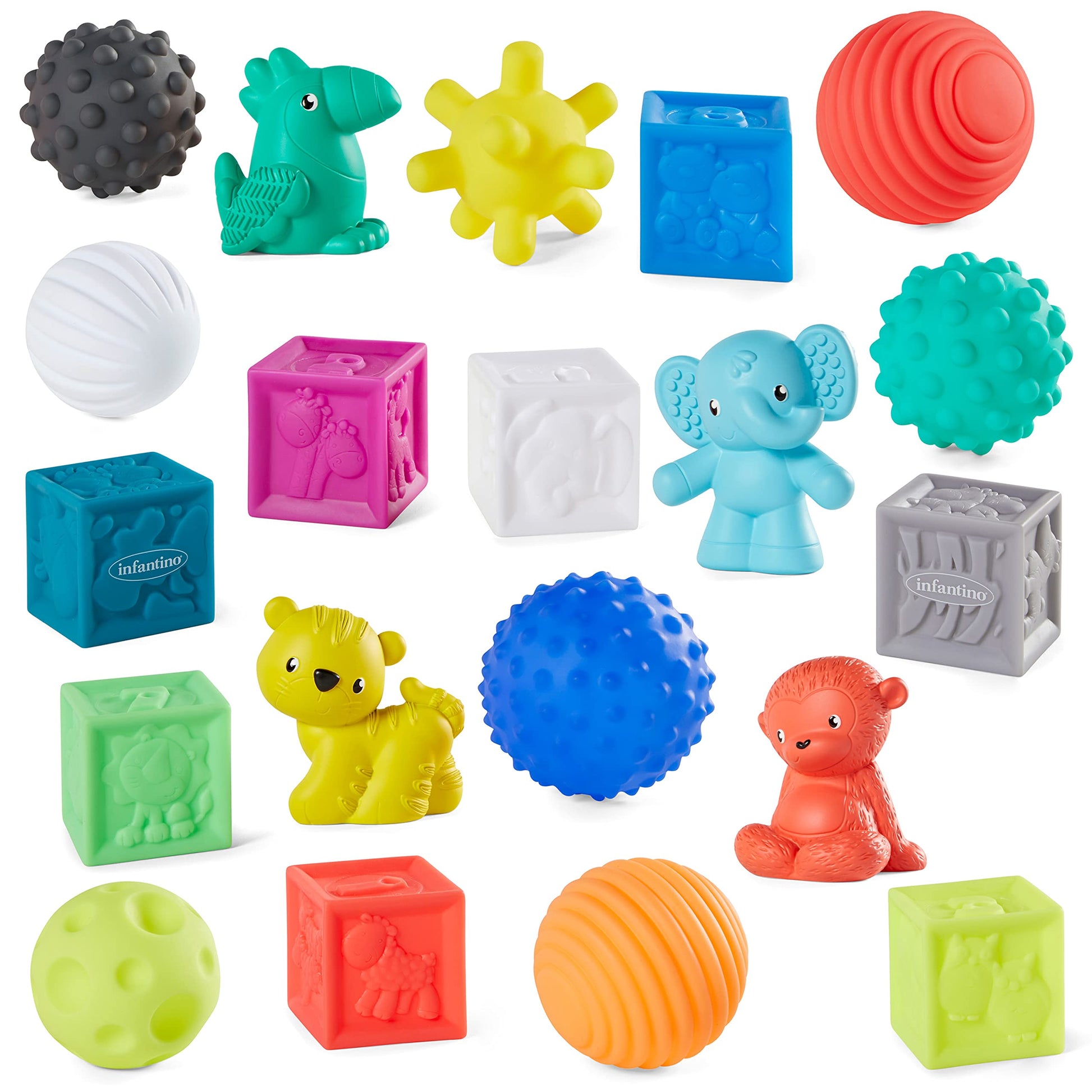 Infantino Sensory Balls, Blocks & Buddies - Textured, Soft & Colorful Toys Includes 8 Balls, 8 Numbered Blocks, 4 Animal Buddies