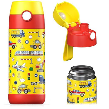 Jarlsona Kids Water Bottle - Mali - Insulated Stainless Steel Water Bottle With Chug Lid - Thermos - Girlsboys (Vehicles Mosaic,