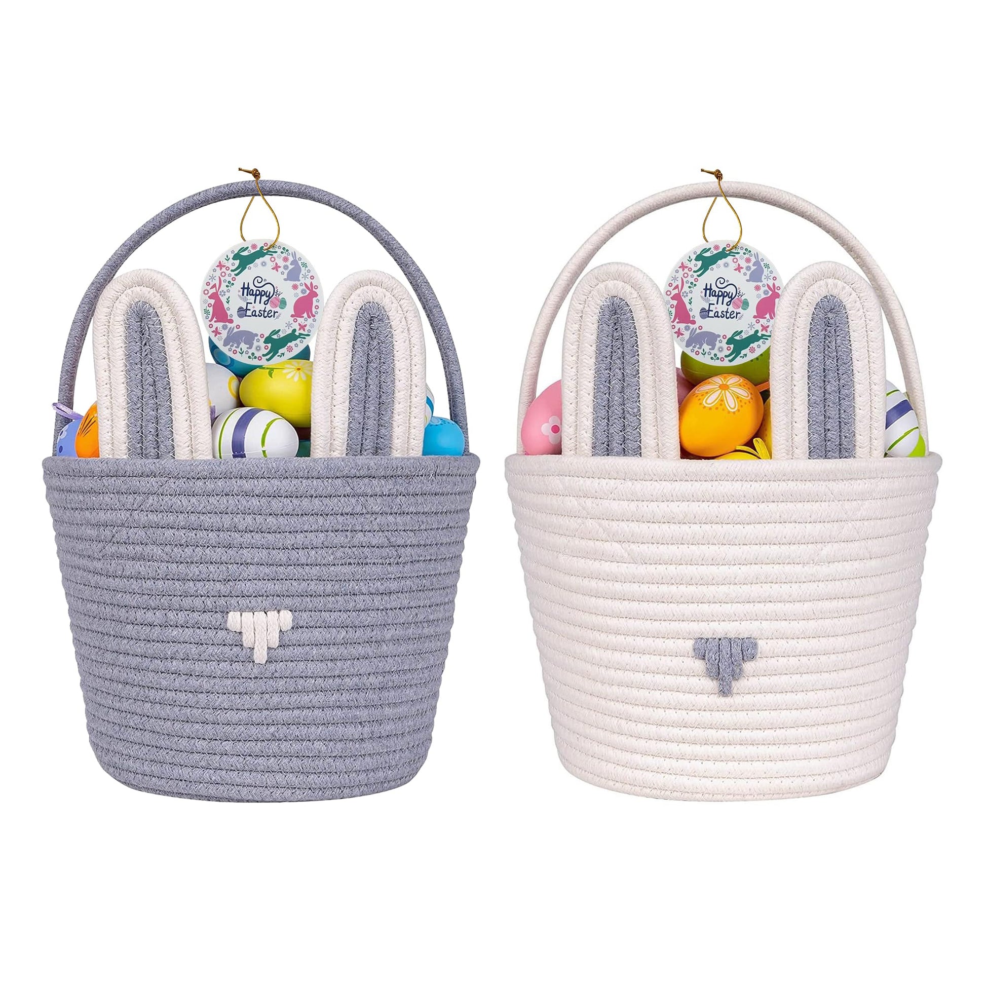 Easter Baskets for Kids Girls Boys: Woven Cotton Bunny Large Easter Basket - Empty Baby Easter Basket with Double Rope Handle - 