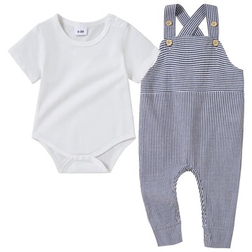 Yuemion Newborn Baby Boy Clothes,2Pcs Infant Boy Romper Bodysuit Spring/Summer Stripe Outfits +Bib Overall Pants(3-6 Months)