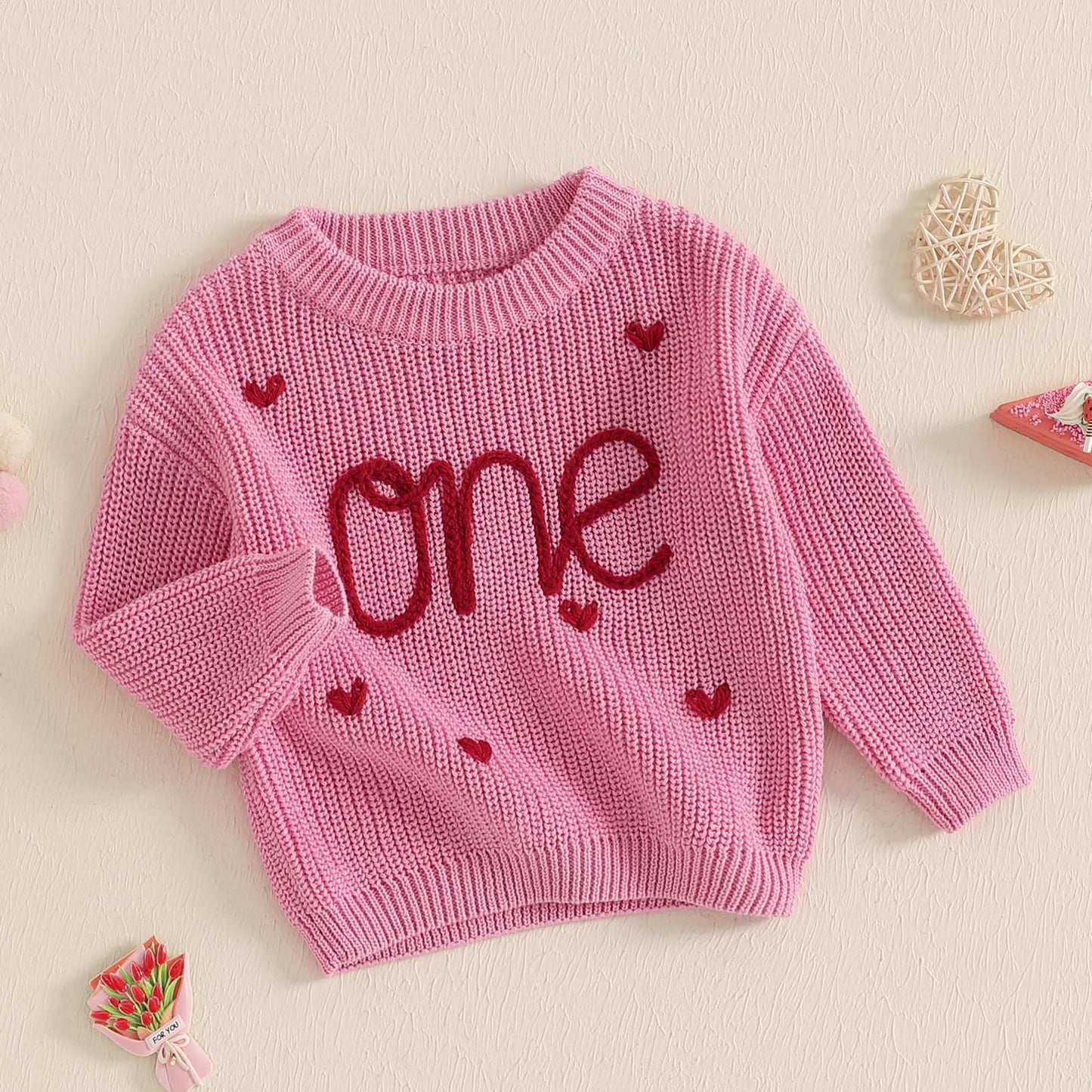 Beautooly First Birthday Outfit Baby Girl Boy Cute Letter Embroidery Warm Long Sleeve Oversized Sweater Infant Knitwear (Pink Va