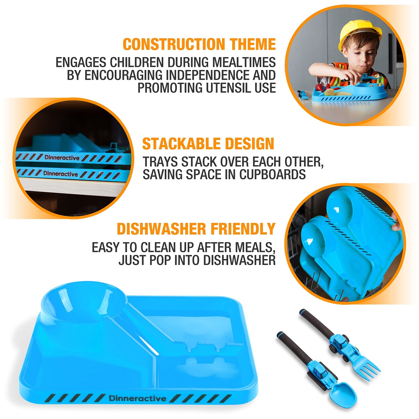 Dinneractive Dining Set For Kids - 3 Piece Construction Themed Toddler Utensils & Toddler Plates - Toddler Forks And Spoons - Ki