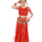 Girls Belly Dance Top Skirt Set Halloween Costume With Head Veil,Waist Chain Red