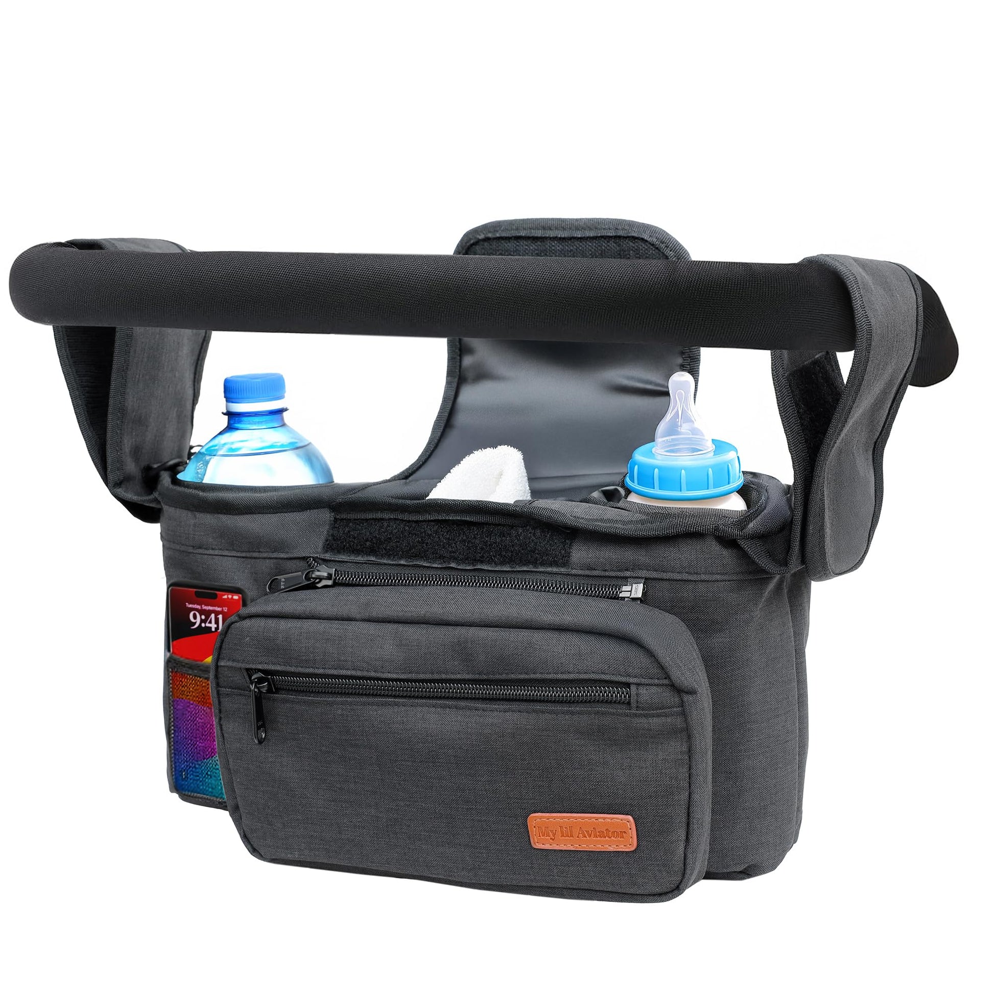 My lil Aviator Universal Durable Stroller Bag Organizer with Detachable Wallet for Daily or Travel use. Two Insulated Cup Bottle
