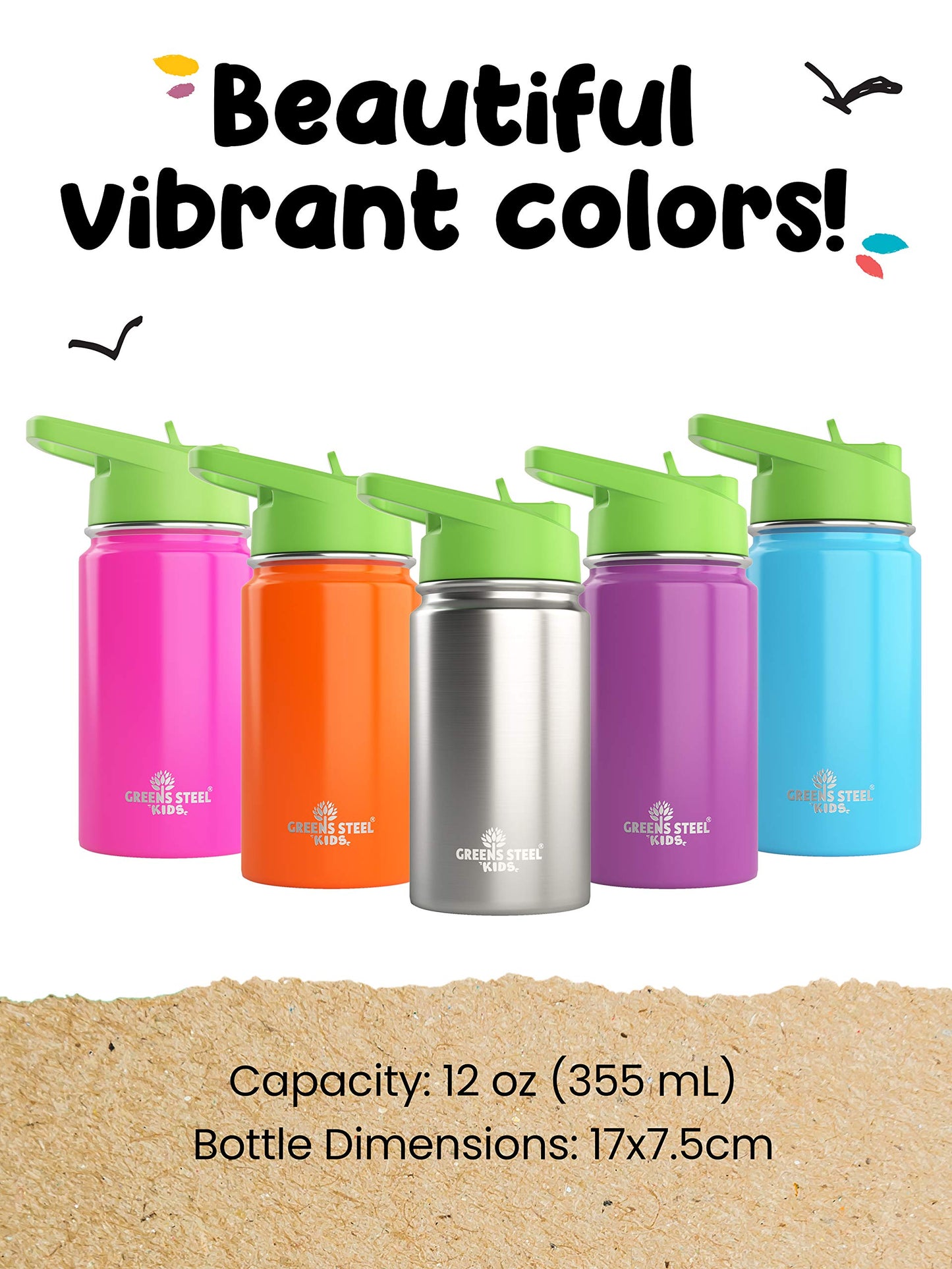 Kids Water Bottle - 12Oz Pink  Leak Proof With Straw & Handle  24 Hours Cold  Insulated, Double Wall Stainless Steel  Easy Sip T