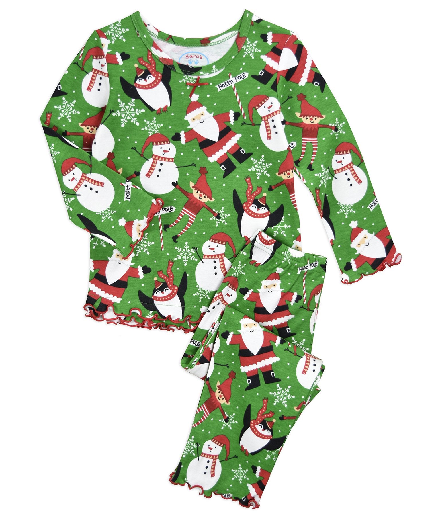 Saras Prints Girls Big Cozy Ruffled Relaxed Fit Pajama Set, North Pole Fun, 12M
