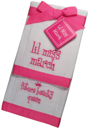 Mud Pie Lil Miss March Future Beauty Queen Baby Burp Bib Cloth Cotton Towel - Set Of 2
