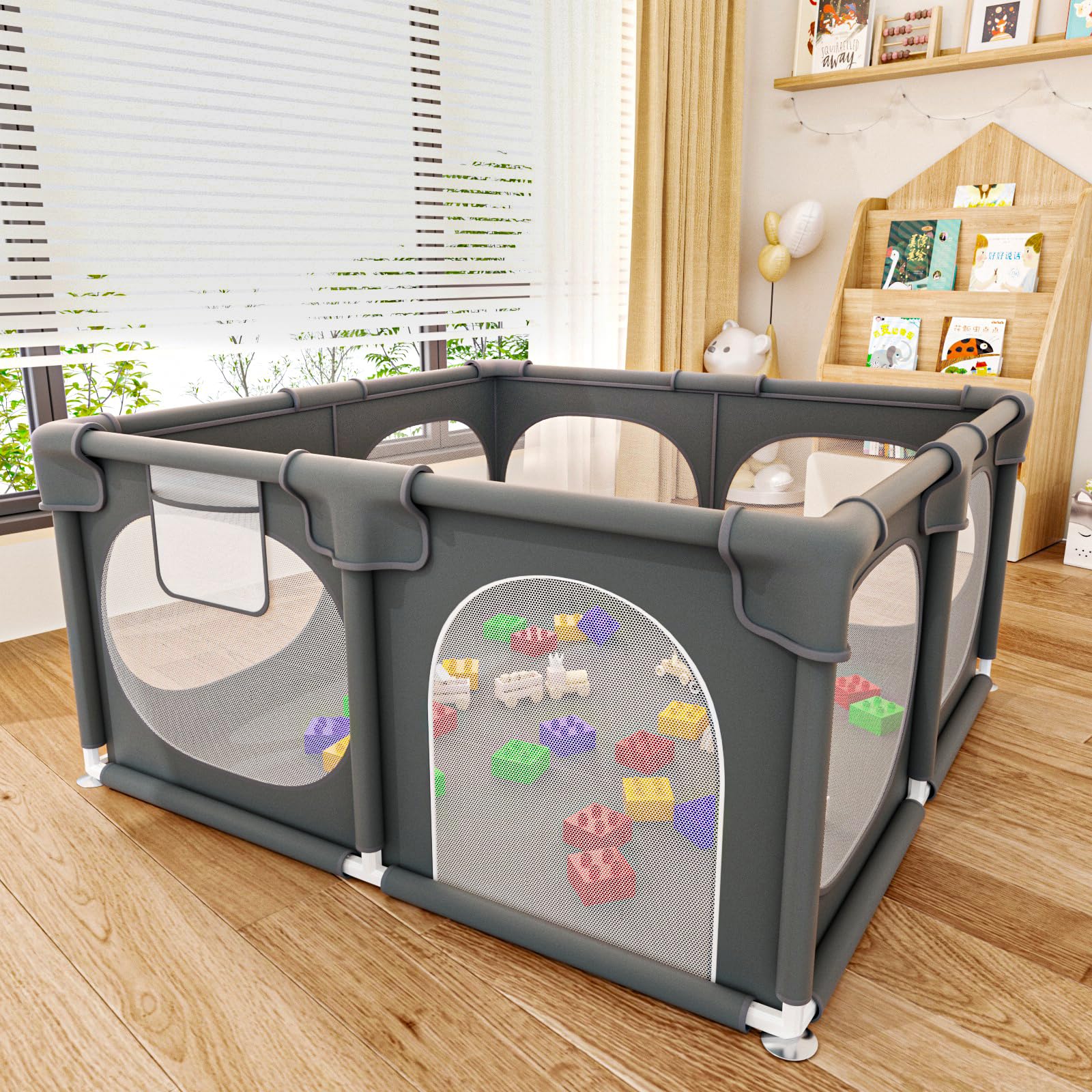 TOSXW Baby Playpen, 50x50 Inch Playpen for Babies and Toddlers with Gate, Baby Playards with Soft Breathable Mesh & Anti-Slip Ba