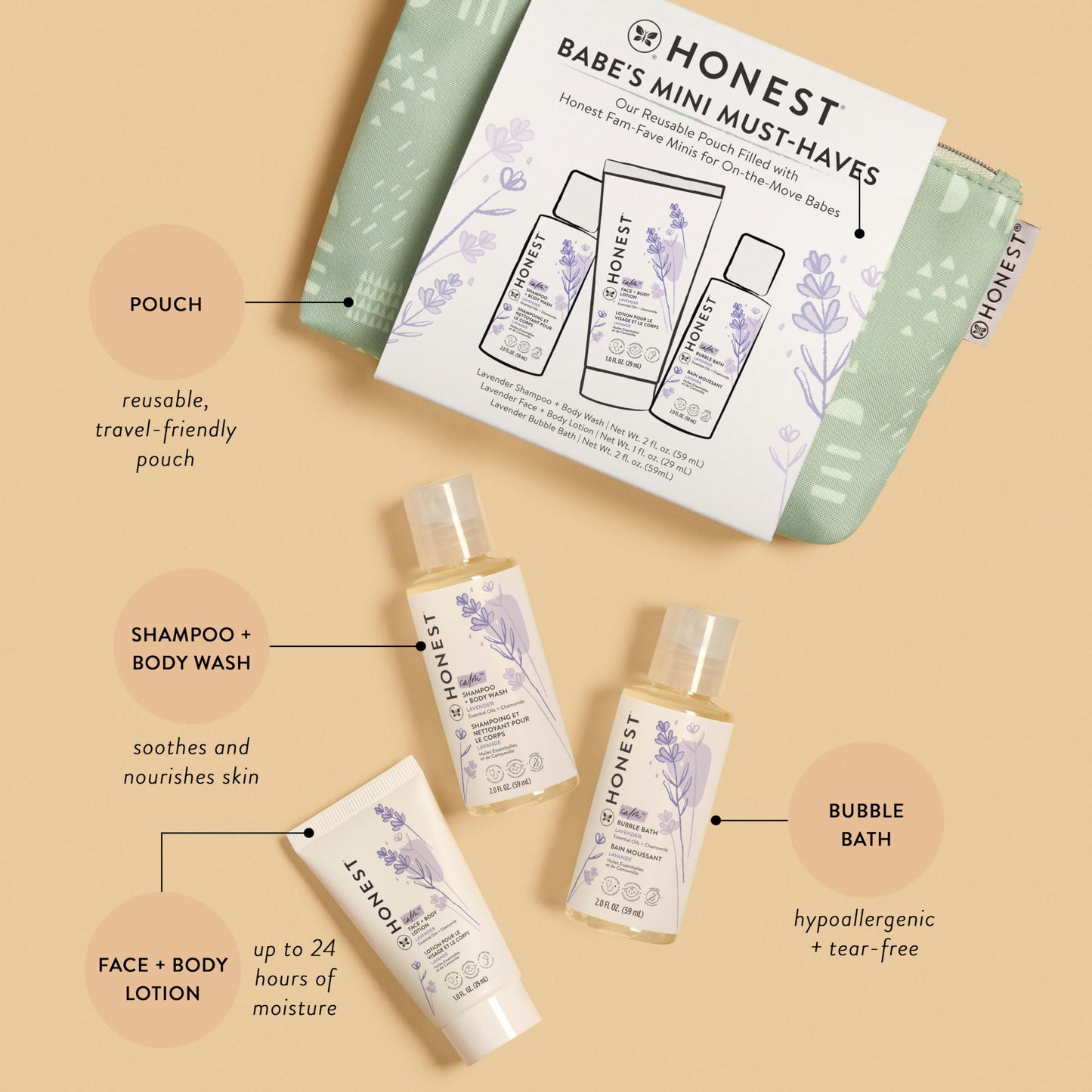 The Honest Company Babe'S Mini Must Haves Gift Set  Travel Size Lavender Shampoo + Body Wash (2 Fl Oz), Face + Body Lotion (1 Fl