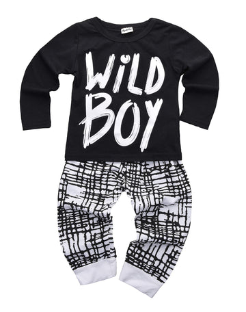 Newborn Baby Boys Clothes Wild Boy Letter Print T-Shirt Tops And Pants Outfits Set Autumn Winter(01 Black,18-24 Months)