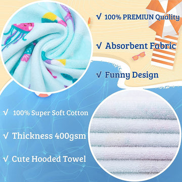 Voova & Movas Hooded Beach Towels For Kids | Soft Thick Absorbent Cotton Beach | Pool | Bath Towels For Ages 3-10, Narwhal Whale