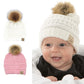 Funky Junque Exclusives Newborn Pom Pom Beanie Hats 2 Pack Warm Knit Winter Infant Hats With Faux Fur Pom, Ivory & Pale Pink