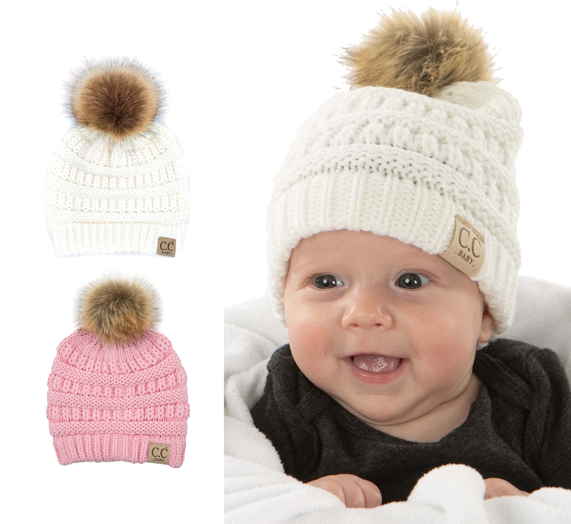 Funky Junque Exclusives Newborn Pom Pom Beanie Hats 2 Pack Warm Knit Winter Infant Hats With Faux Fur Pom, Ivory & Pale Pink