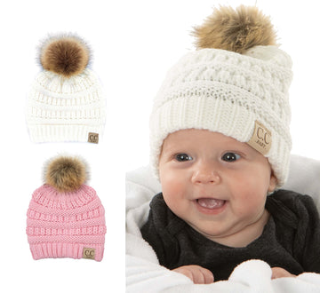 Funky Junque Exclusives Newborn Pom Pom Beanie Hats 2 Pack Warm Knit Winter Infant Hats With Faux Fur Pom, Ivory & Pale Pink