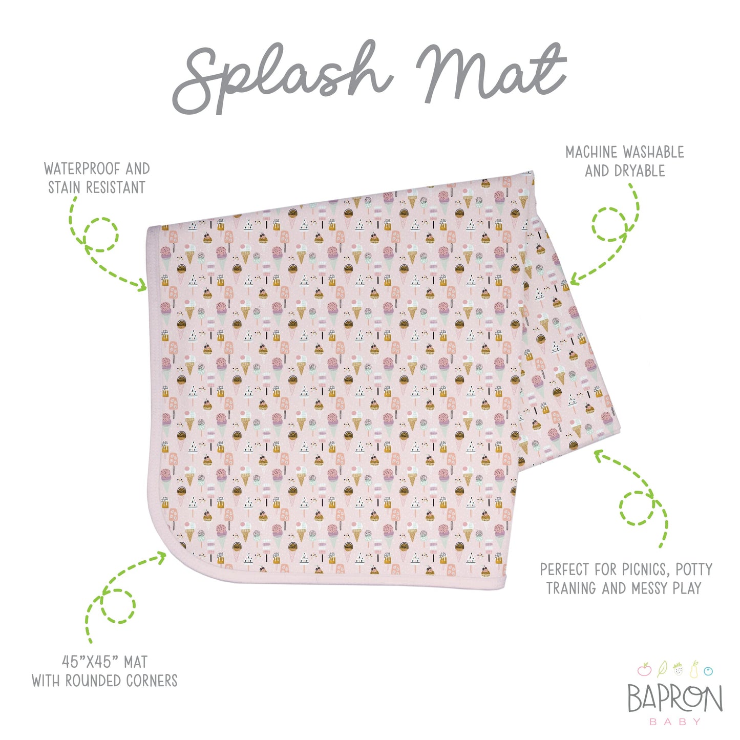 Bapronbaby Pink Ice Cream Splash Mat - Waterproof Catch-All For Under High Chairs, Floors, Tables, Playtime Or Arts & Crafts - M