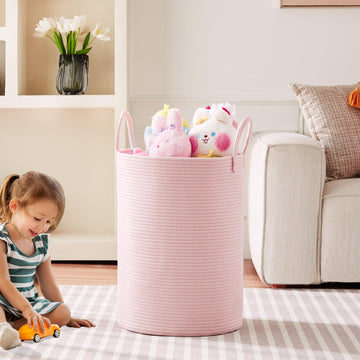 Mojoscend 80L Extra Large Pink Hamper Laundry Basket For Baby Girls Tall Nursery Hamper For Kids Woven Rope Clothes Basket For L