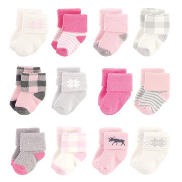 Hudson Baby Unisex Cotton Rich Newborn And Terry Socks, Pink Moose, 6-12 Months