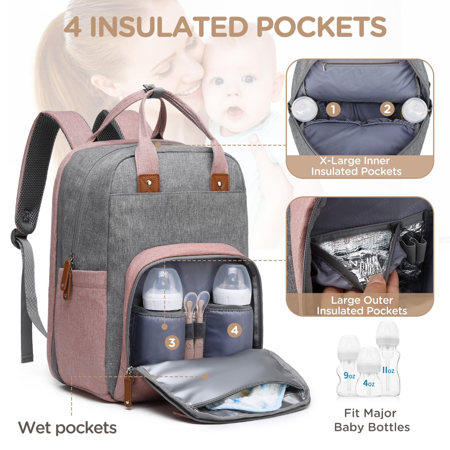 Qualyphant Extra Large Diaper Bag Backpack For Two Kids, Expandable 35L Baby Bags For Mom Girl Boy Dad Toddler, Pink Travel Diap