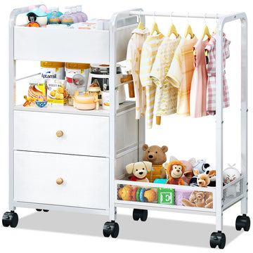 Baby Diaper Caddy Organizer with Hanging Rack, Rolling Diaper Utility Cart with Dividers and Drawers for Baby Essentials Storage