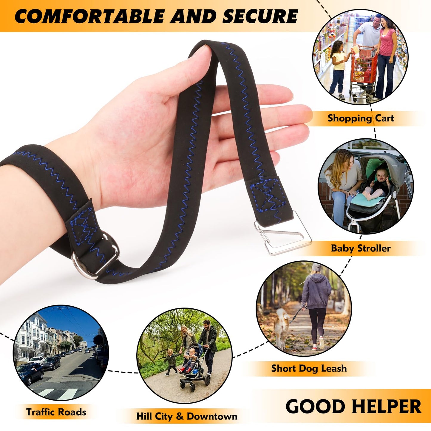 Baby Stroller Wheelchair Safety Wrist Strap Or Large Dog Leash, Second Layer Security For Retractable Dog Leash, Black With Blue