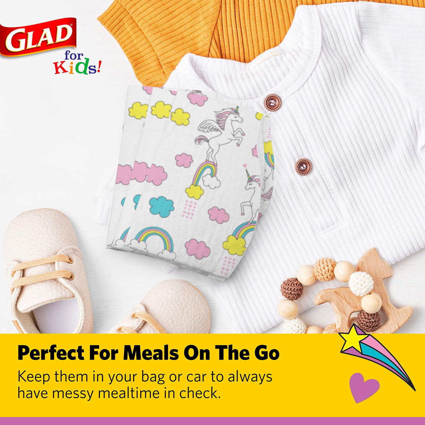 Glad For Kids Unicorn Paper Disposable Bibs With Crumb Catcher For Feeding - Absorbent And Leakproof Eating And Travel Must Have