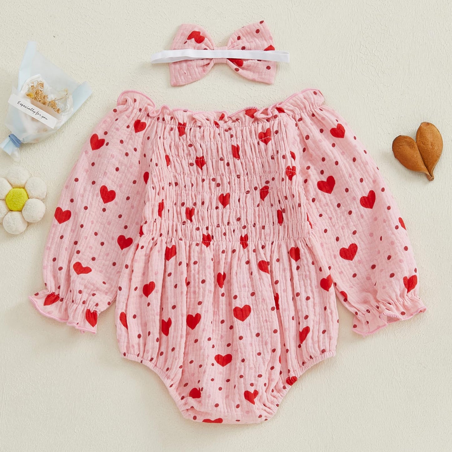 Baby Girls Valentines Day Romper Heart Print Long Sleeve Jumpsuit Cute Headband Newborn Infant Valentine Outfit (Pink, 0-3 Month