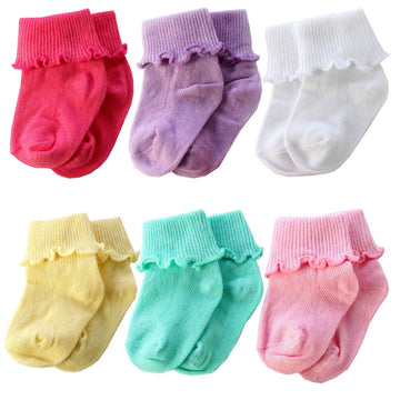 Xiyadun 6 Pairs Infant Toddler Baby Turn Cuff Ruffle Edge Ankle Socks Girls(6-12 Months, B)
