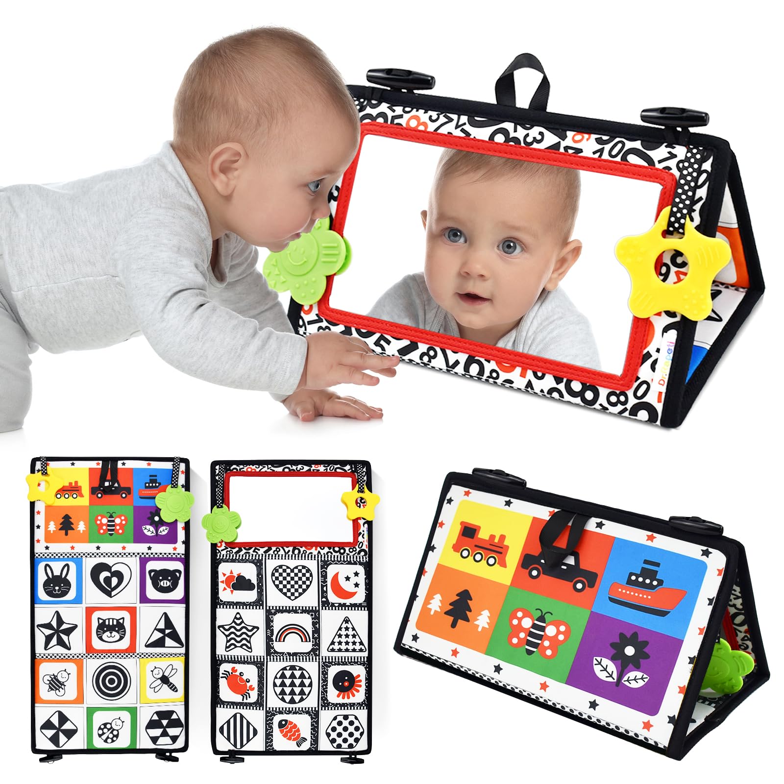 Dr.Rapeti Tummy Time Floor Mirror for Baby Infant Toddler Kids Black and White High Contrast Baby Toy with Teethers Floor Activi
