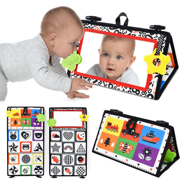 Dr.Rapeti Tummy Time Floor Mirror for Baby Infant Toddler Kids Black and White High Contrast Baby Toy with Teethers Floor Activi