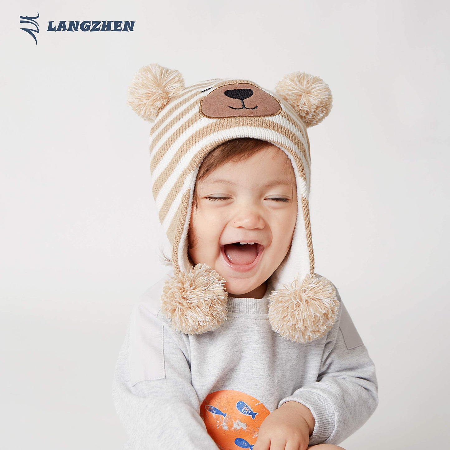 Langzhen Toddler Kids Infant Winter Hat,Earflap Knit Warm Cap Fleece Lined Beanie For Baby Boys Girls (Bear -Beige Stripe, 6-12
