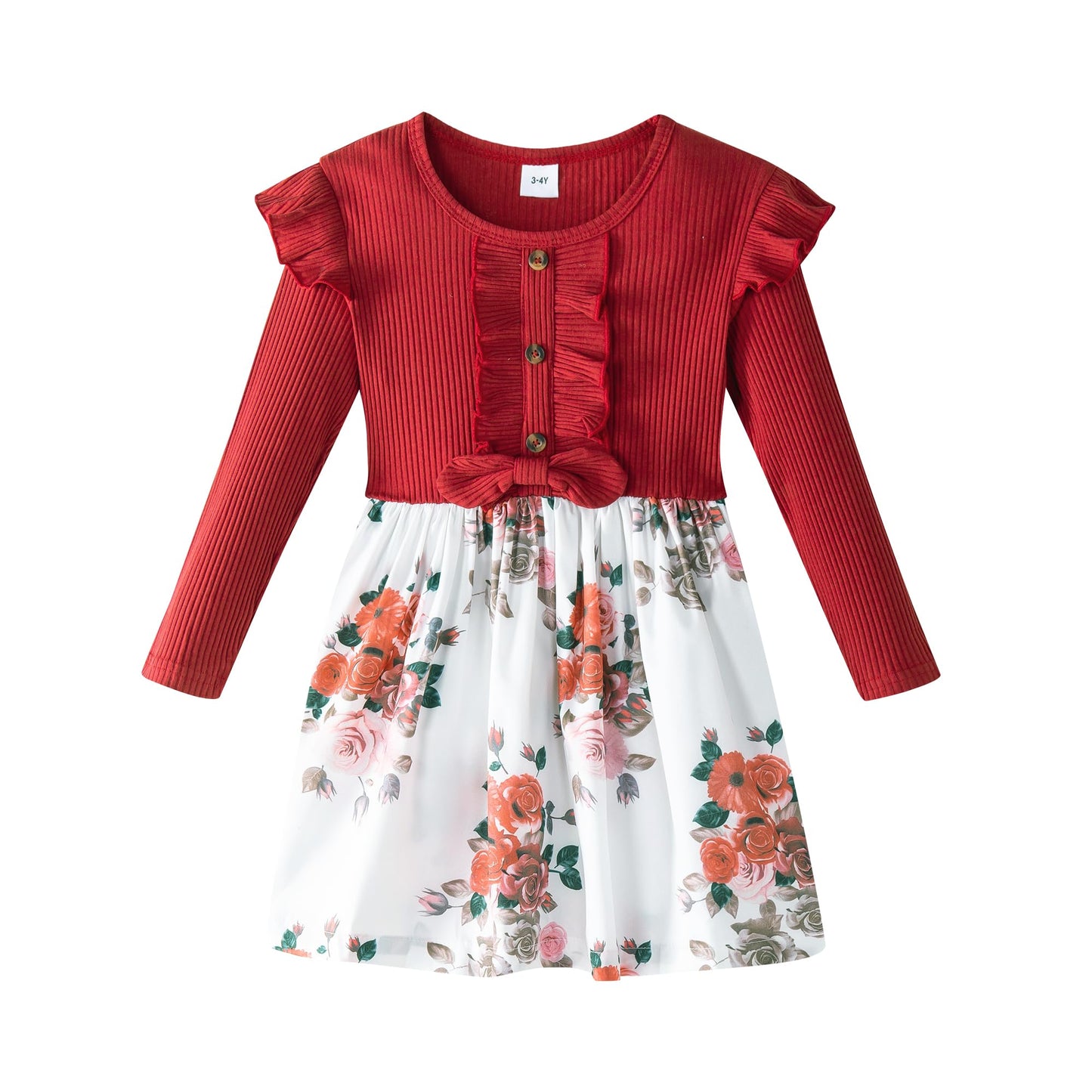 Patpat Toddler Girl'S Floral Dress Ribbed Ruffle Long-Sleeve Spring Rose Valentine Dresses Red 5-6 Years