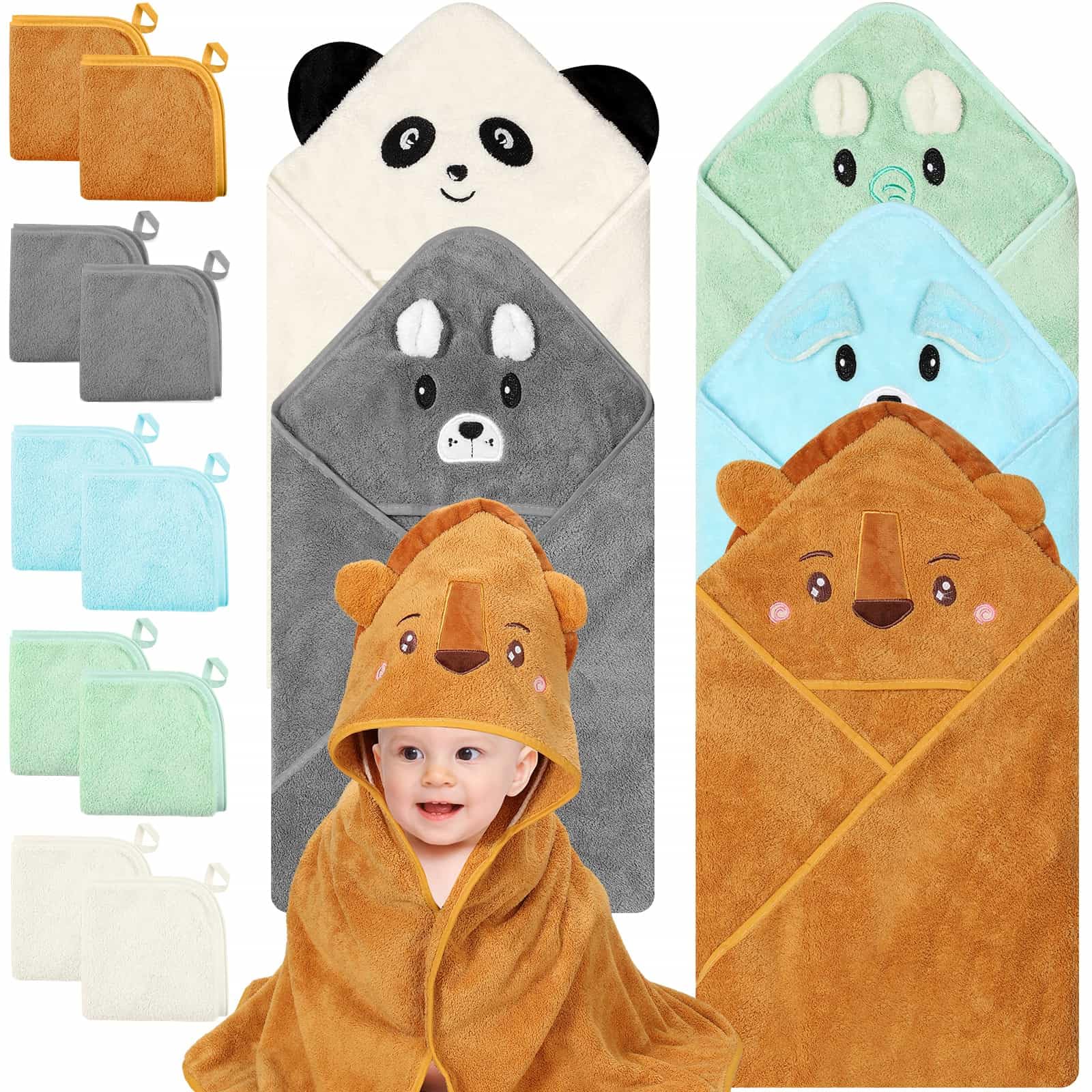 15 Pcs Baby Bath Towels- 5 x Hooded Baby Towels and 10 x Baby Washcloths Set, 32 x 32 Inch Hooded Toddler Towel Bath Blanket Abs