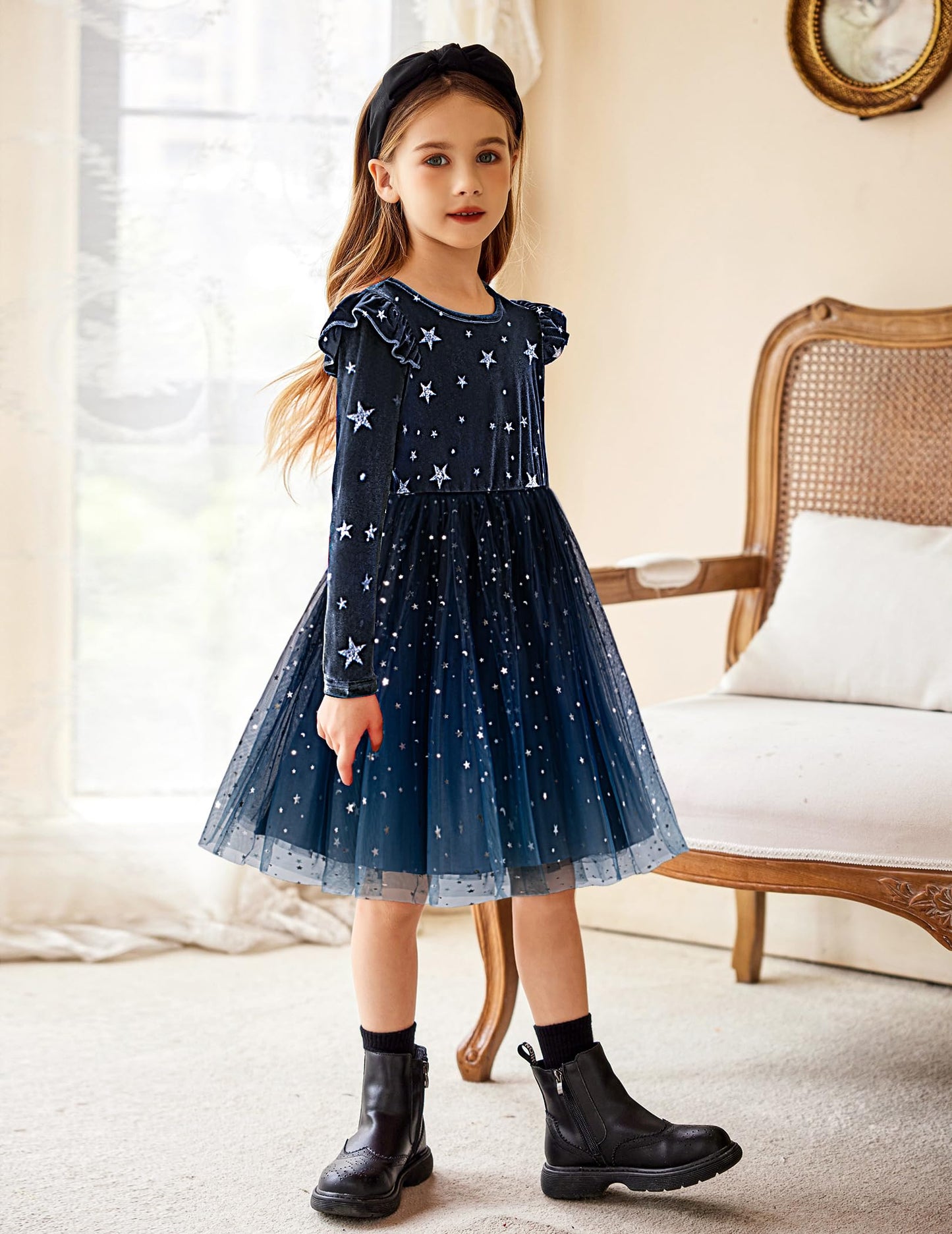 Arshiner Formal Dress For Girls Velvet Tulle Tutu Fall Long Sleeve Winter Princess Outfit Navy 3T