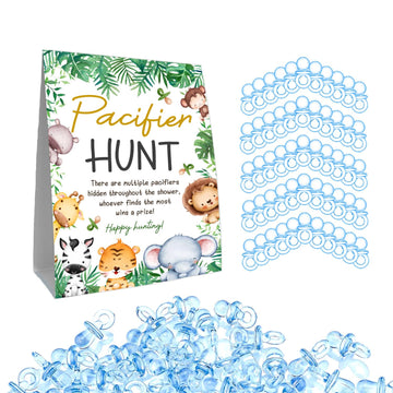 Guawubiang 51Pcs Cute Animals Decor Baby Shower Games, Include Baby Pacifier Hunt Sign And 50 Blue Mini Pacifiers, Mini Pacifier