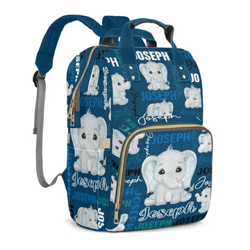 Perarts Large Capacity Custom Diaper Bag for Baby Boys with Name, Blue Elephant Multifunctional Mom Personalized Diaper Bag Back