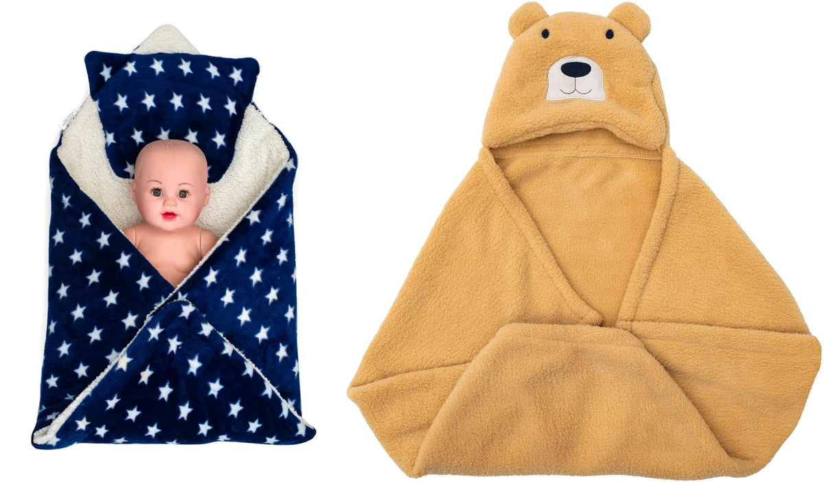 CTMKIDS Baby Wrap with Cushion Cap for Kids 74x84 cm  Navy Blue & Baby Hooded Cum Wrap Blanket for Kids 92x66 cm  Camel