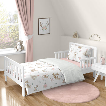 Sweet Jojo Designs Blush Pink, Mint Green and White Boho Watercolor Woodland Deer Floral Girl Toddler Kid Childrens Bedding Set 