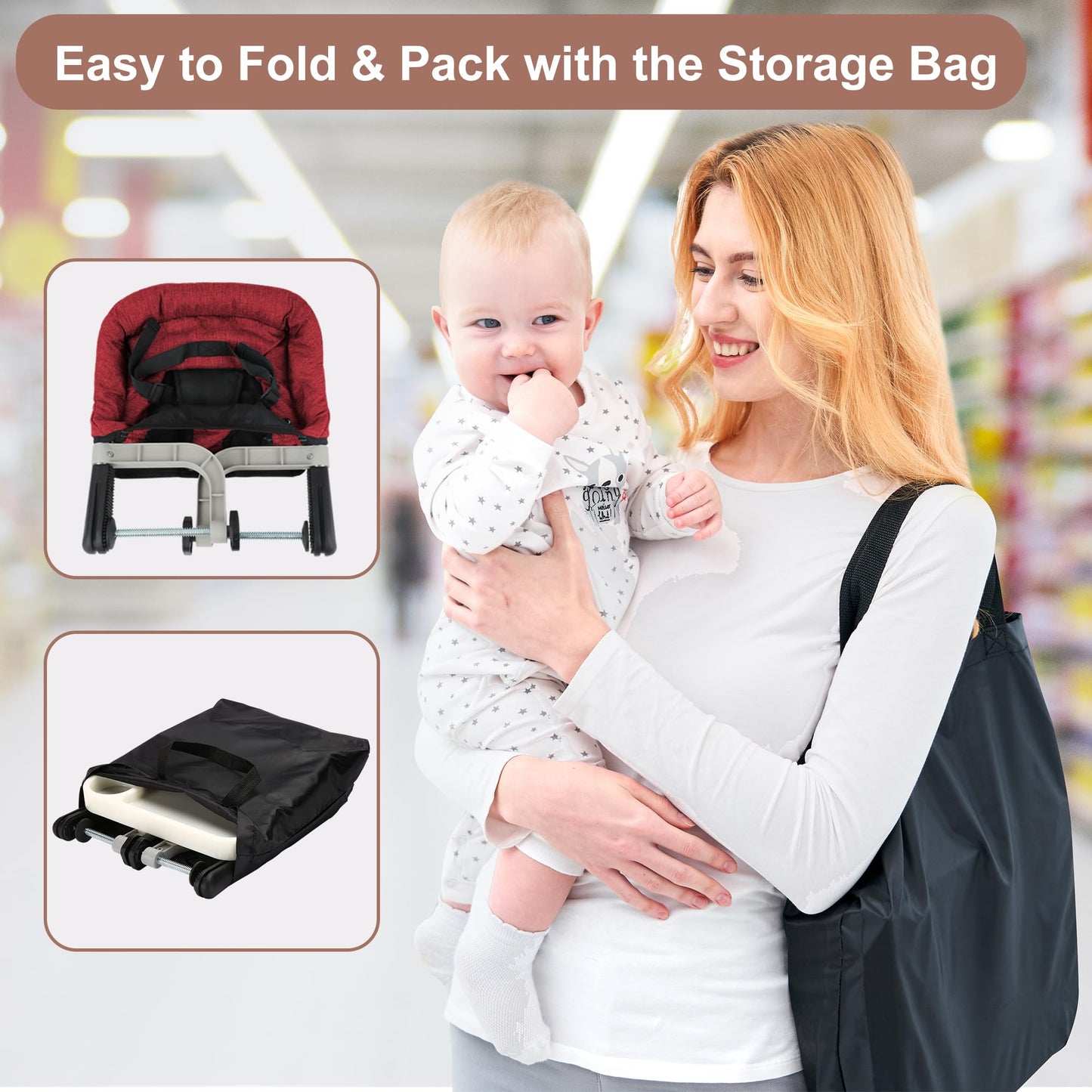 Hook-On High Chair With Removable Dining Tray, Folding Portable Clip-On Table, Baby Chair With Storage Bag For Indoor/Outdoor (R