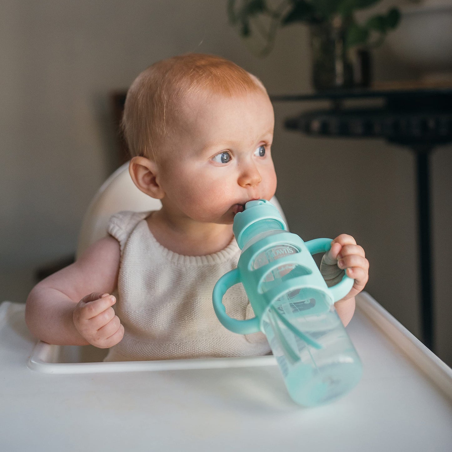 Dr. Brown'S Milestones Narrow Sippy Straw Bottle, Spill-Proof With 100% Silicone Handles And Weighted Straw, 8 Oz/250 Ml, Gray &