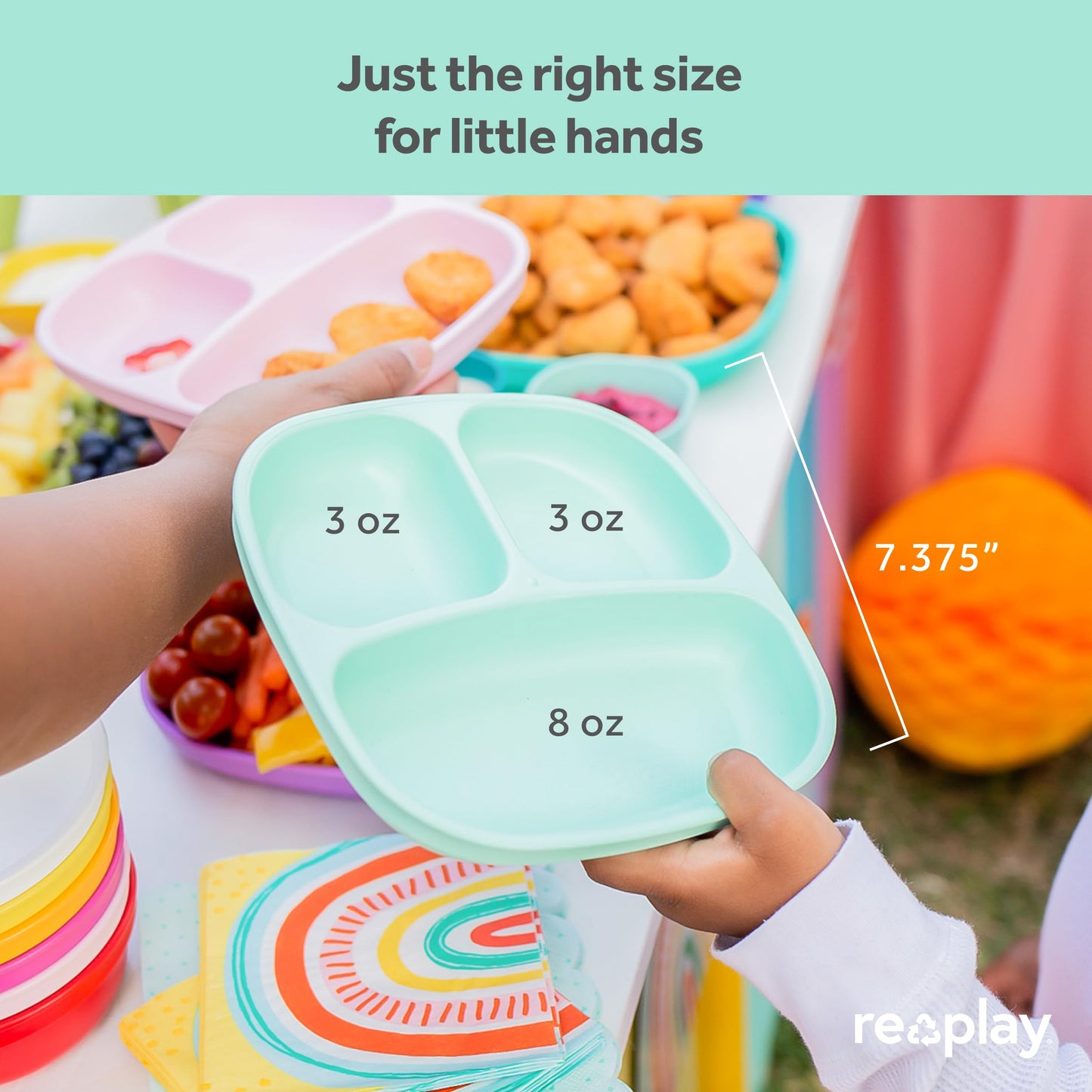 Re-Play Made In Usa 7' Deep Walled Divided Plates For Kids, Set Of 3 With 3 Lids - Reusable 3 Compartment Plates, Dishwasher An