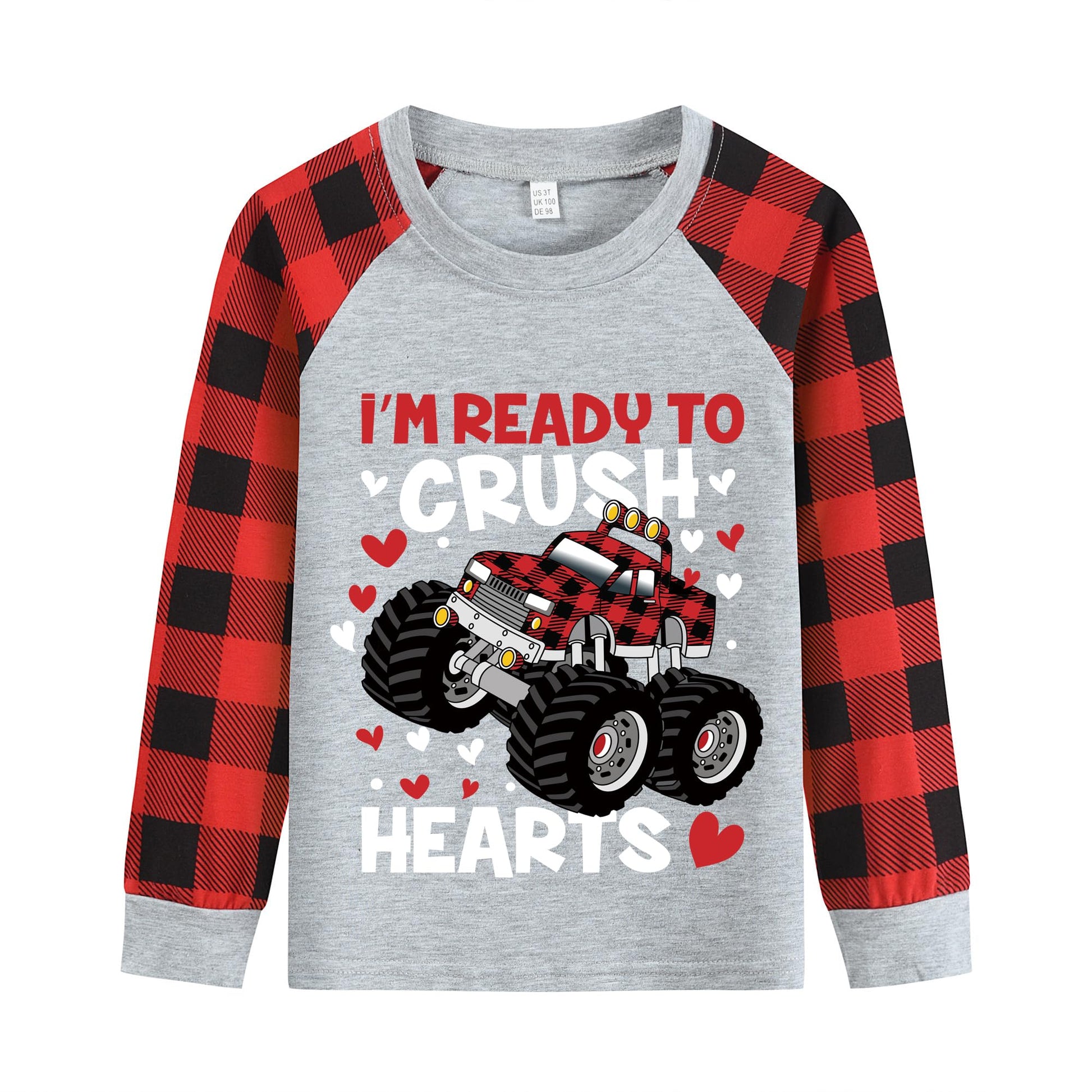 Kids Valentines Day Monster Truck With Heart Boys Raglan Buffalo Red Plaid Toddler T-Shirt 3T
