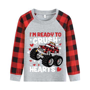 Kids Valentines Day Monster Truck With Heart Boys Raglan Buffalo Red Plaid Toddler T-Shirt 3T