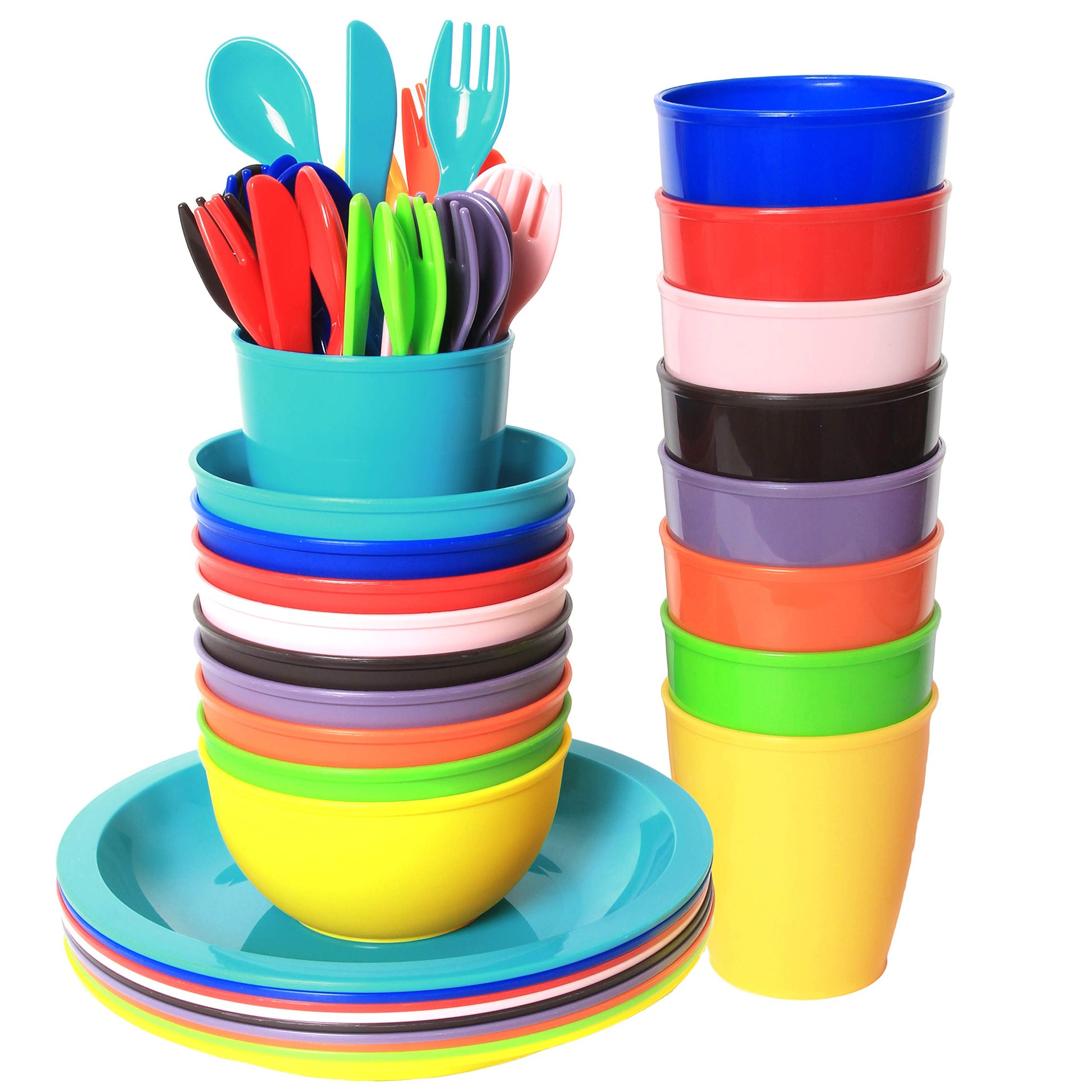 Youngever 54 Pcs Plastic Kids Dinnerware Set Of 9 In 9 Assorted Colors, Toddler Dining Set, Cups, Kids Plates, Kids Bowls, Flatw