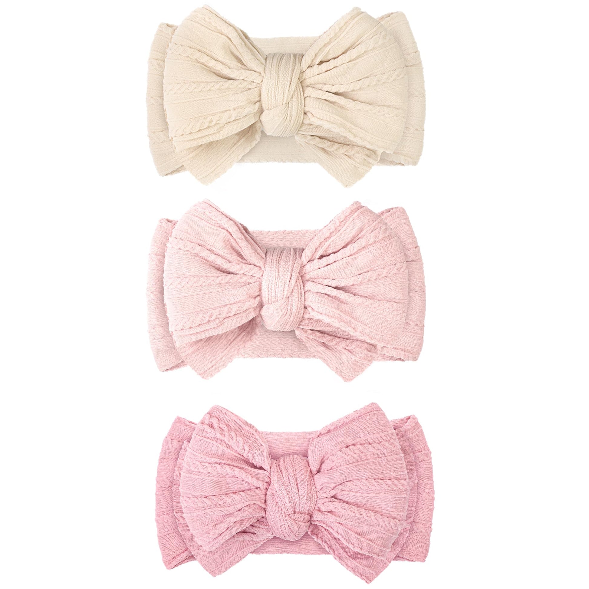 JOYOYO 3 Pcs Soft Wide Turban Baby Headbands with Double-Layer Bow for Baby Girls, Newborns, Toddlers(Beige, Pearl Pink, Pink)