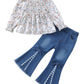 18 Months Girl Clothes Baby Toddler 24 Month Girls Clothes Puff Sleeve Apricot Floral Smocked Square Neck Top Lace Flared Denim 