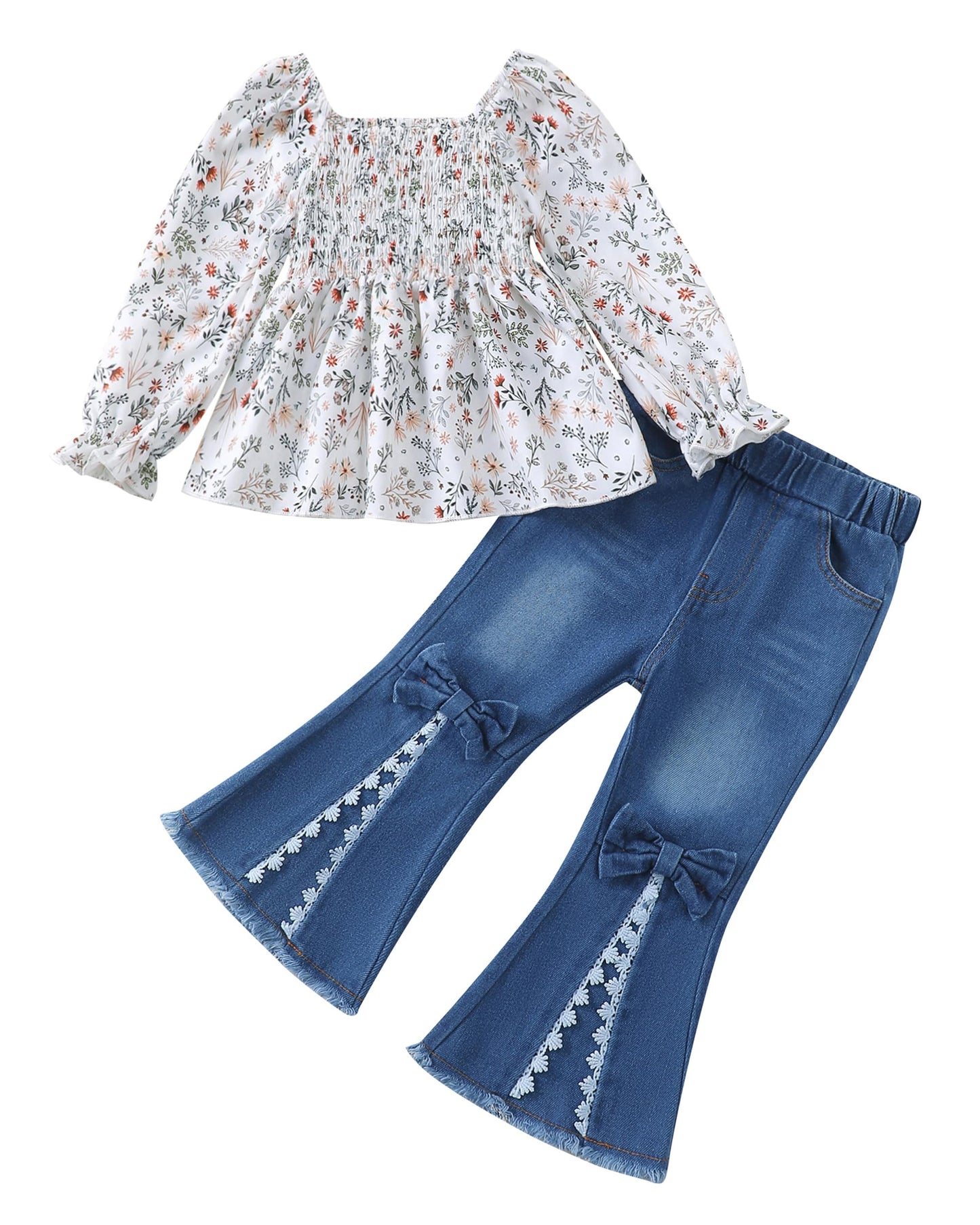 18 Months Girl Clothes Baby Toddler 24 Month Girls Clothes Puff Sleeve Apricot Floral Smocked Square Neck Top Lace Flared Denim 