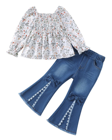18 Months Girl Clothes Baby Toddler 24 Month Girls Clothes Puff Sleeve Apricot Floral Smocked Square Neck Top Lace Flared Denim 