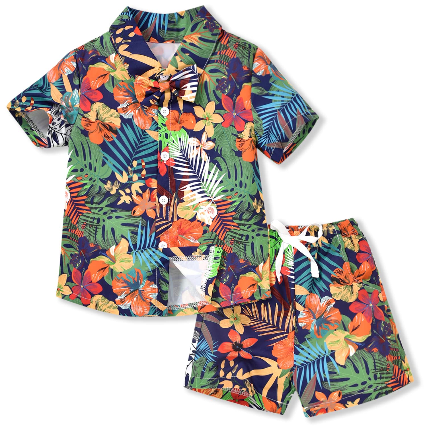 Hintina Toddler Infant Baby Boy Shorts Set Hawaiian Outfit Short Sleeve Palm Leaf Shirt Summer Clothes Set Suit 18-24 Months